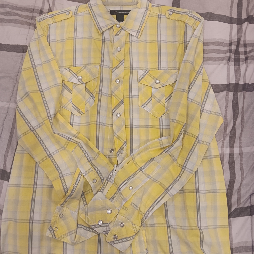 INC International Concepts Yellow Plaid Button Down Shirt